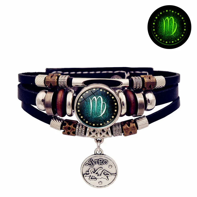 Bracciale in pelle luminosa zodiacale cielo stellato Braccialetti per amicizia con chiusura a scatto da uomo in pelle con perline multistrato