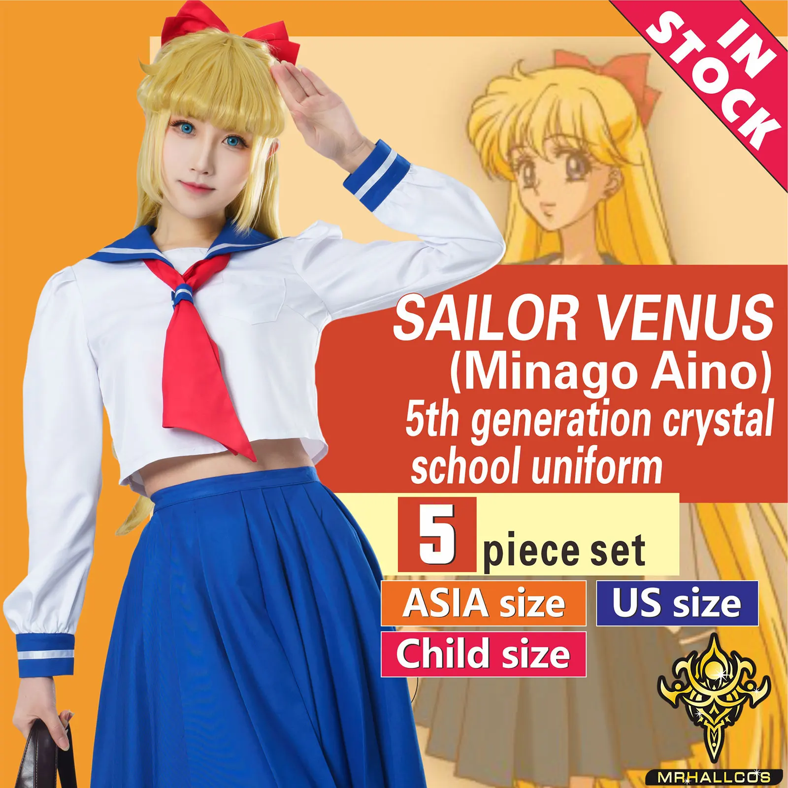 

MRHALLCOS Anime Sailor Venus Minako Aino Moon Crystal school uniform Outfits Costume Halloween JK Party Kid Adult Women PlusSize