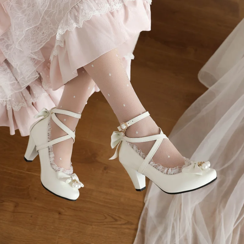 

Lolita Cross-strap School Party Princess Shoes High Heels Red White Black Bowties Pearl Pendant Sweet Big Girls Pumps 7 12 14+y