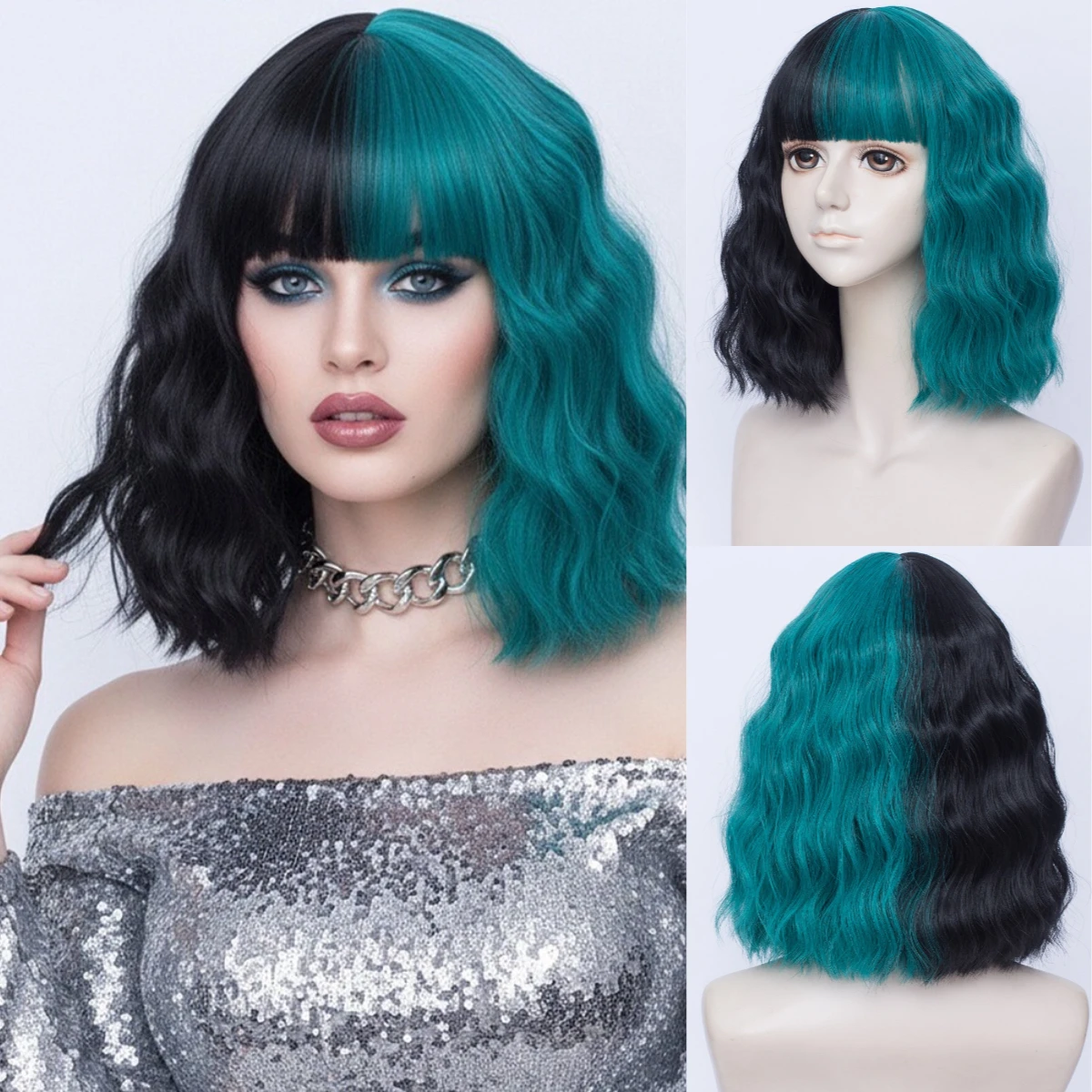 

Short Curly Synthetic Wig Half Green Half Black Split Color with Bangs for Anime Cosplay Halloween Party Fake Hair Heat Resisant