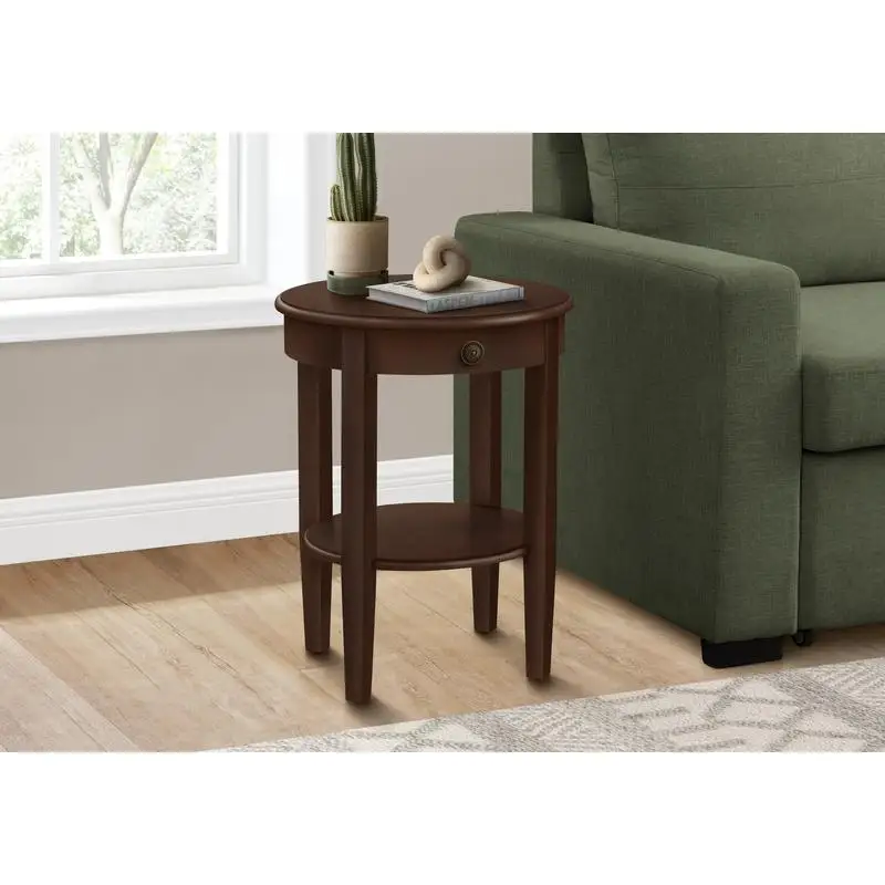 Round 2-Tier Accent Side Table, Nightstand, Brown Veneer, Transitional Design for Bedroom & Living Room