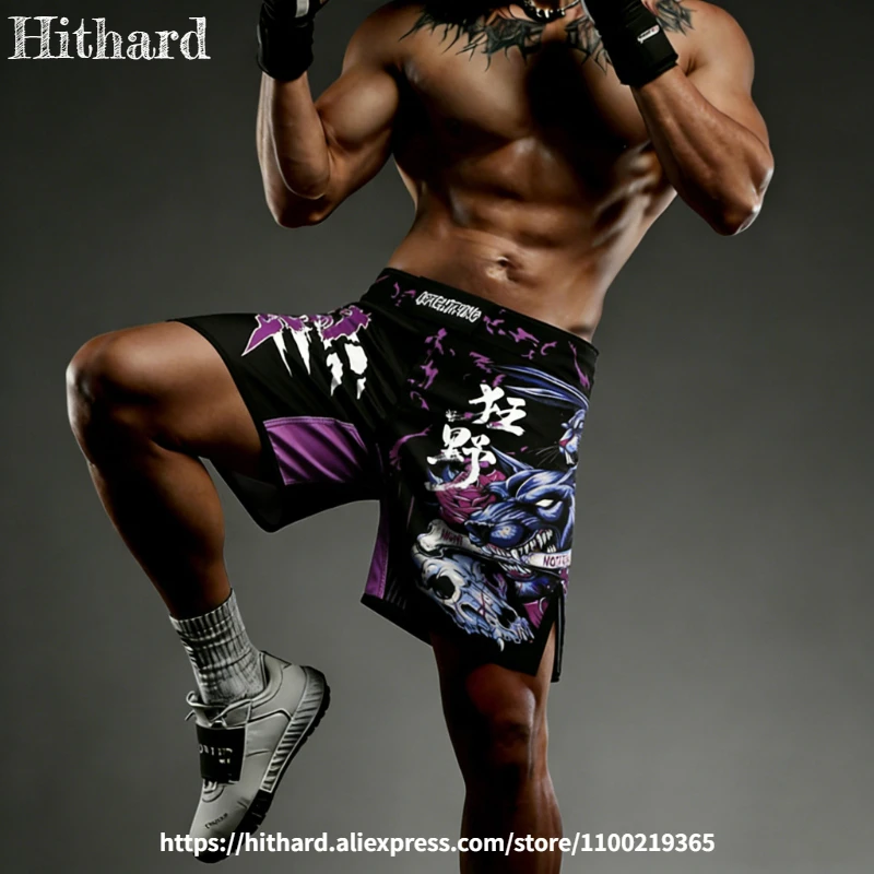 MMA Fight Shorts for Men Women Purple Wolf Grappling Shorts Animal Sublimation Gym Cage BJJ Jiu Jitsu Muay Thai Kickboxing Pants