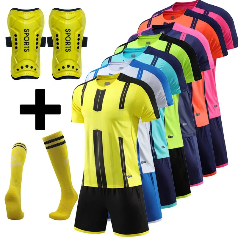 Custom Men Kids Football Jersey Suit Quick Dry Breathable Club School Soccer Team Training Uniforms Football Shin Pads and Socks