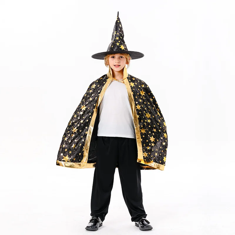 Magician Cosplay Pure Color star Cloak Costume Halloween for kid  Wizard Cloak Pointed Hat party