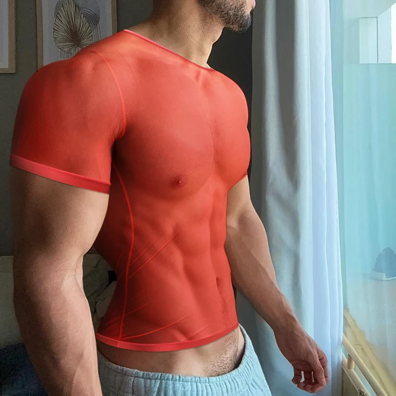 الصيف الرجال قصيرة الأكمام رقيقة جدا مثير شاش شفاف تي شيرت رياضي الرجال المألوف تنفس التجفيف السريع اللياقة البدنية #6