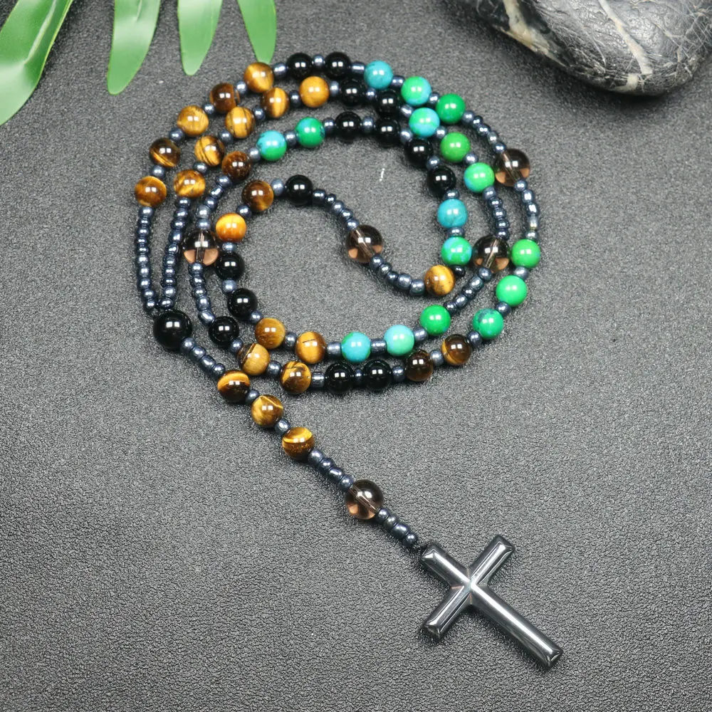 

Men Rosary Mala Beads Necklace 8mm Tiger Eye Stone Handmade Beaded Meditation Yoga Hematite Cross Necklace For Men Women Jewelry