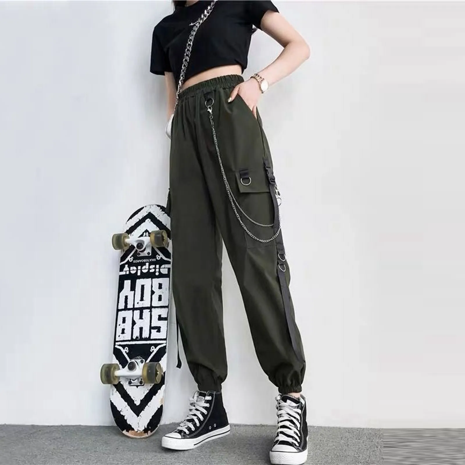 

Women Cargo Pants 2024 Harem Pants Fashion Punk Pockets Jogger Trousers With Chain Harajuku Elastics High Waist Streetwear