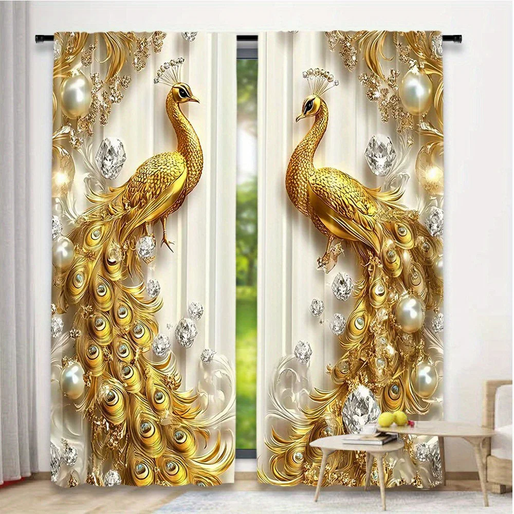 

2 pieces of golden peacock design printed curtains, pole bag curtains, bedroom and living room, home decoration, room decoration