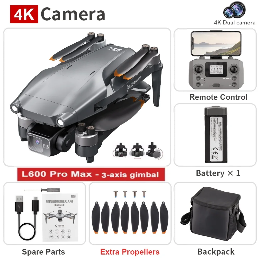 Originele L600 PRO MAX GPS Drone Professionele 3-As PTZ HD Dual Camera Obstakel vermijden Borstelloze Motor 5G WIFI RC Quadcopter