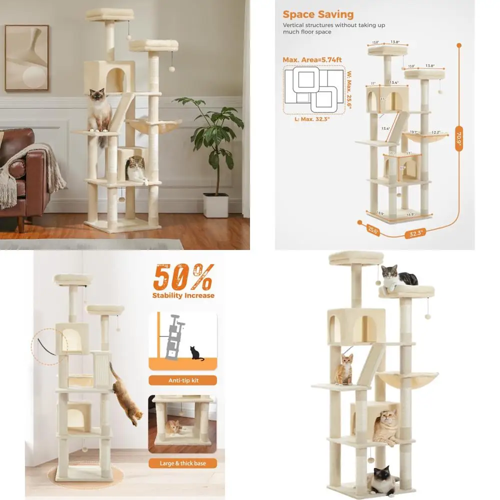 

70 Inch Tall Cat Tree with 2 Cozy Condos, Plush Perches, Large Basket, Multiple Scratching Pads and Posts for Cats