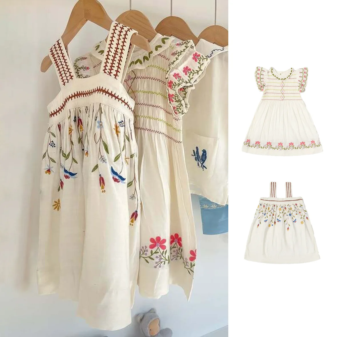 

In stock! Summer's new Nordic-style girl flower embroidery dress, sweet halter princess dress, A-line dress