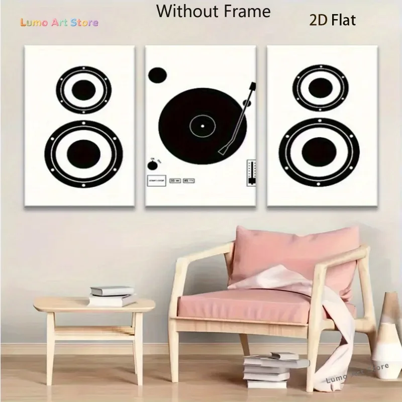 2D Flat, Set of 3 Vertical Music-Themed Wall Art Prints Suitable for Living Room, Vinyl Record Player & Speaker Decor, Minima
