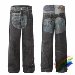 Retro distressed patchwork printed belt Pants Jeans For Men Women Black Washed Joggers Trousers