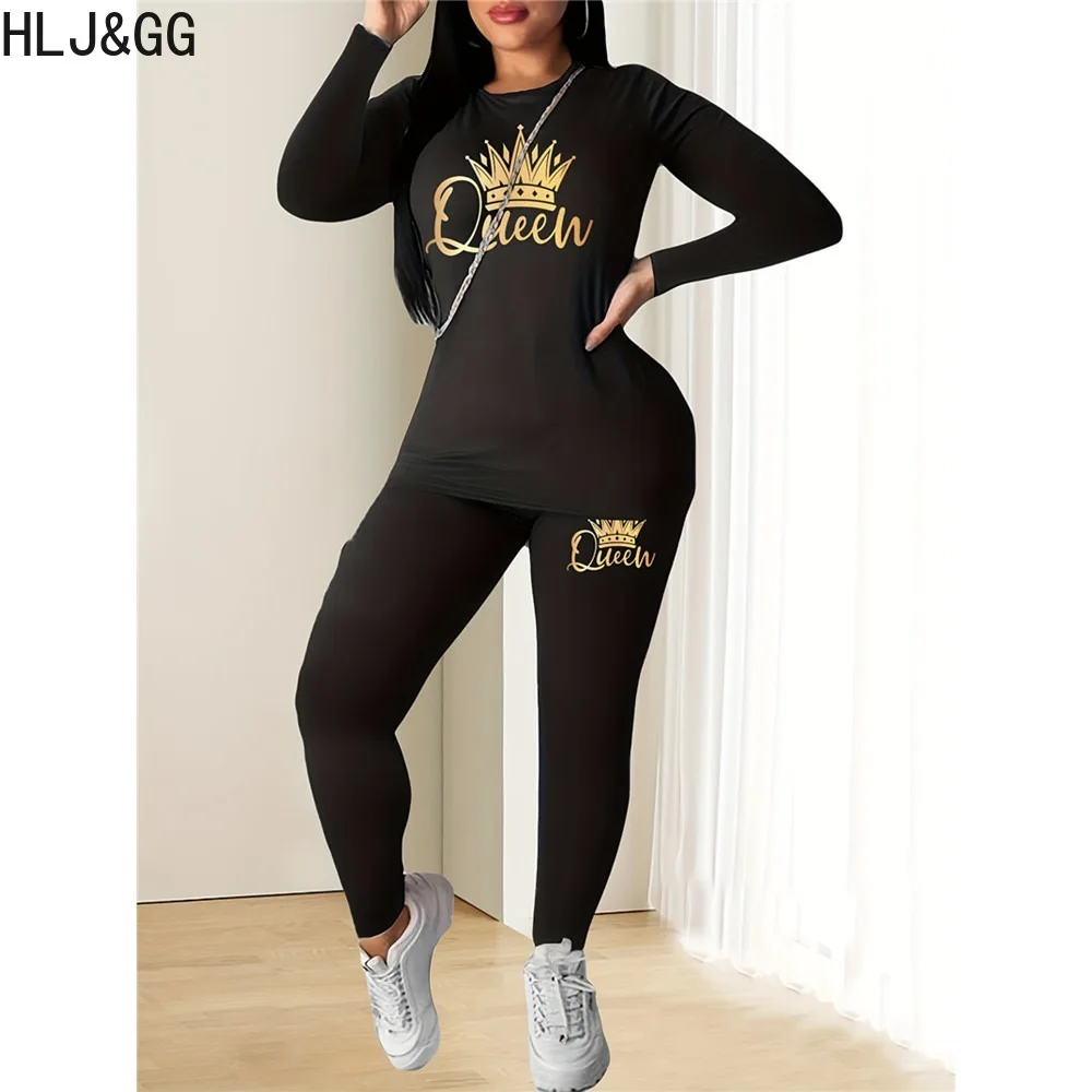 

HLJ&GG Black Spring New Letter Printing Legging Pants Sets Women Round Neck Long Sleeve Top+Skinny Pants Two Piece Outfits 2024