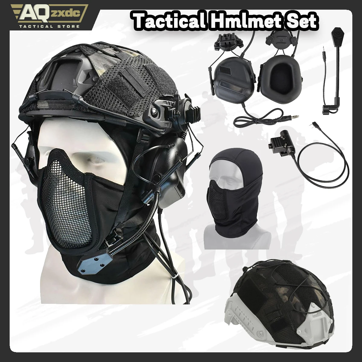 

Tactical Fast Helmet with Communication Headset Noise-Canceling/ U94 PTT Adapter/Microphone Set, Airsoft Full Face Mask Headgear