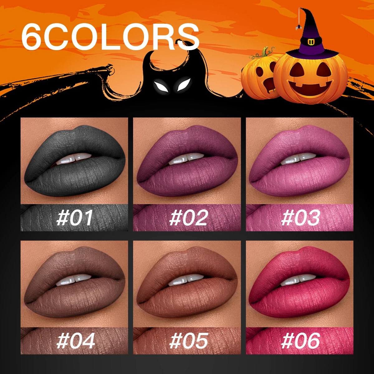 USHAS Halloween Black Lipstick 6 Color Long Lasting Moisturizing Brown Purple Lipsticks Dark Punk Lip Makeup Cosmetics