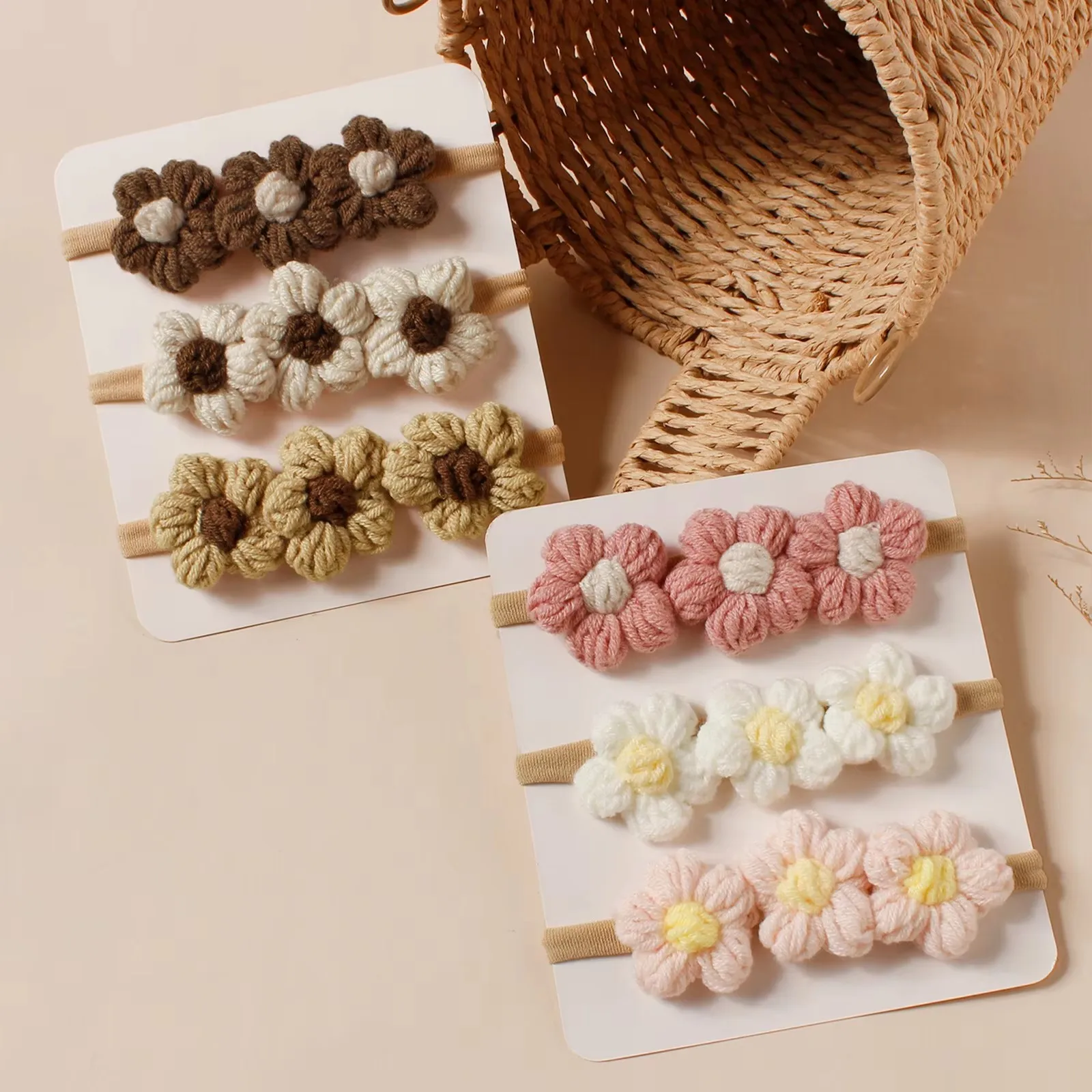 Diadema de lana con flores para bebé, accesorios de fotografía para niñas recién nacidas, accesorios para el cabello, gorros para niños, 3 uds.