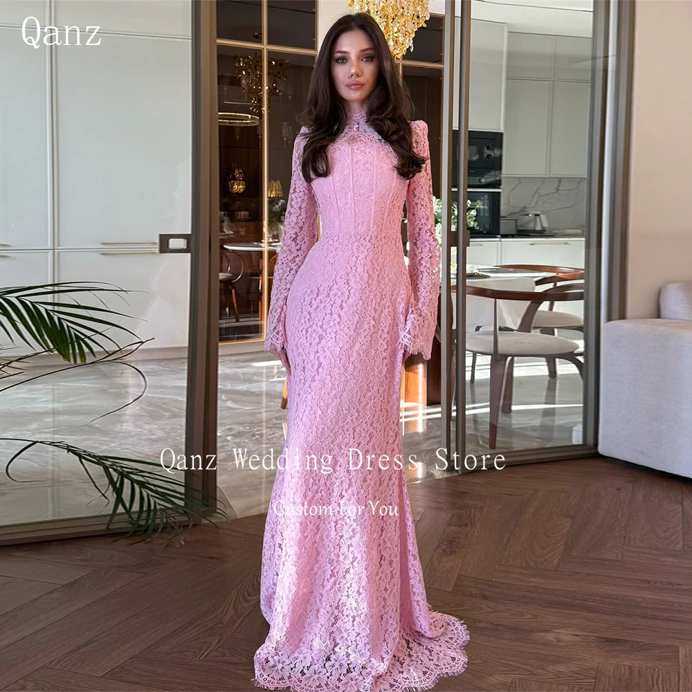 

Qanz женские розовые кружевные вечерние платья с курткой с длинными рукавами Vestidos De Fiesta Elegantes свадебное платье для гостей по индивидуальному заказу
