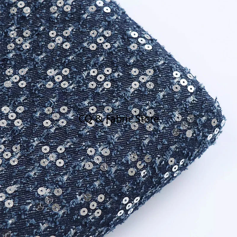 Tessuto denim lavato da donna, giacche alla moda con ricamo di paillettes in puro cotone, abiti, abbigliamento autunnale e invernale al metro