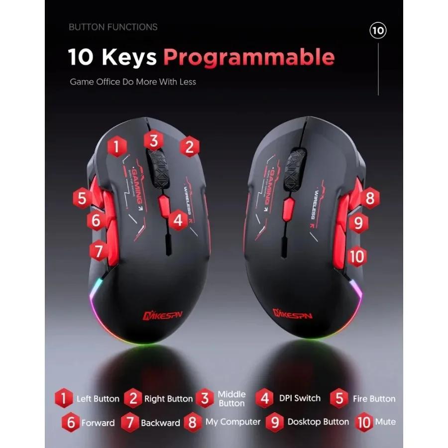 Imagem -05 - Mkespn-mouse Macro Gaming sem Fio W12 10 Botões Bluetooth Multi-canal Rgb Grande Ambidestro Ergonômico