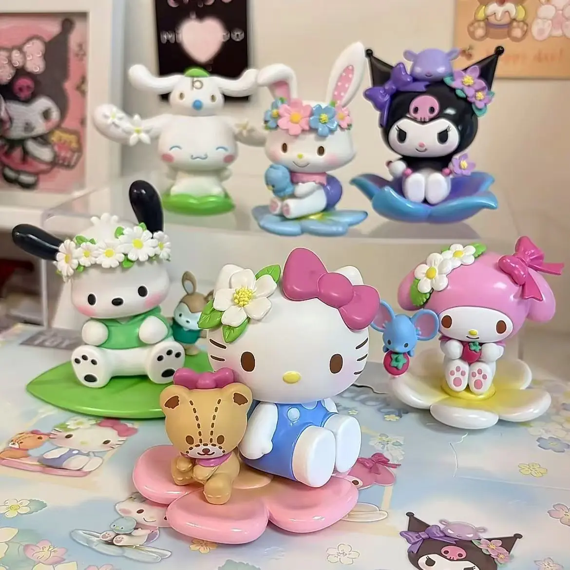 hello-kitty-floral-series-sanrio-kuromi-pochacco-plush-doll-gashapon-ornament-figure-blind-box-gift