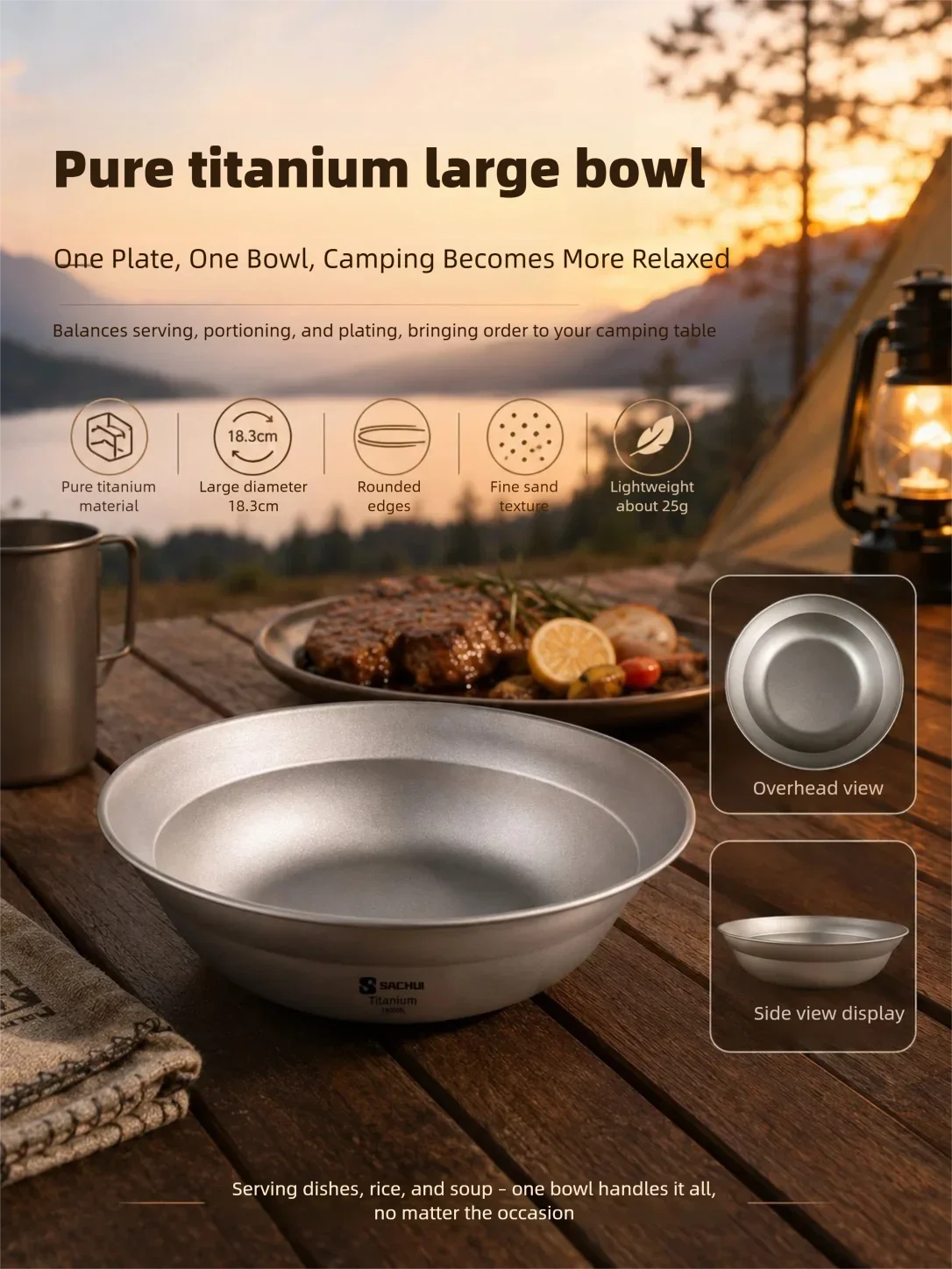 Reines Titan Camping-Geschirr: Große Schüssel, Teller, Besteck für Outdoor, Wandern, Reisen – Ultraleichte, tragbare Salatschalen und Lamian-Tischware – Detail 4