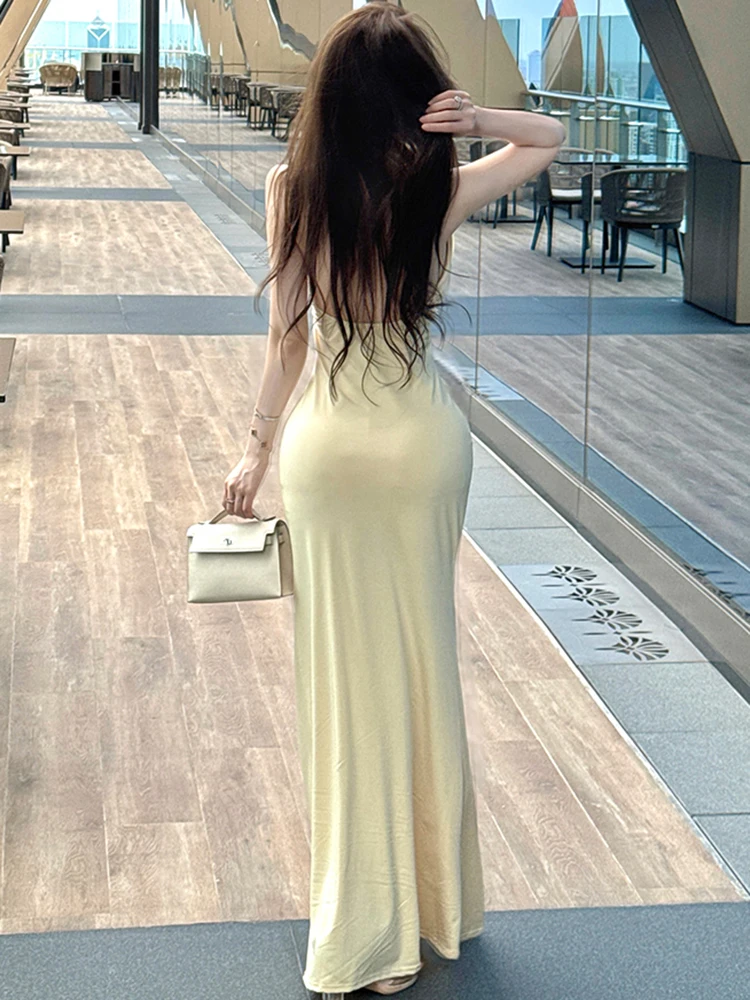 Women Solid Elegant Floral Neck-mounted Sexy Long Dress Summer Fashion Chic Casual Ruffled Dress 2025 Korean Bodycon Party Dress