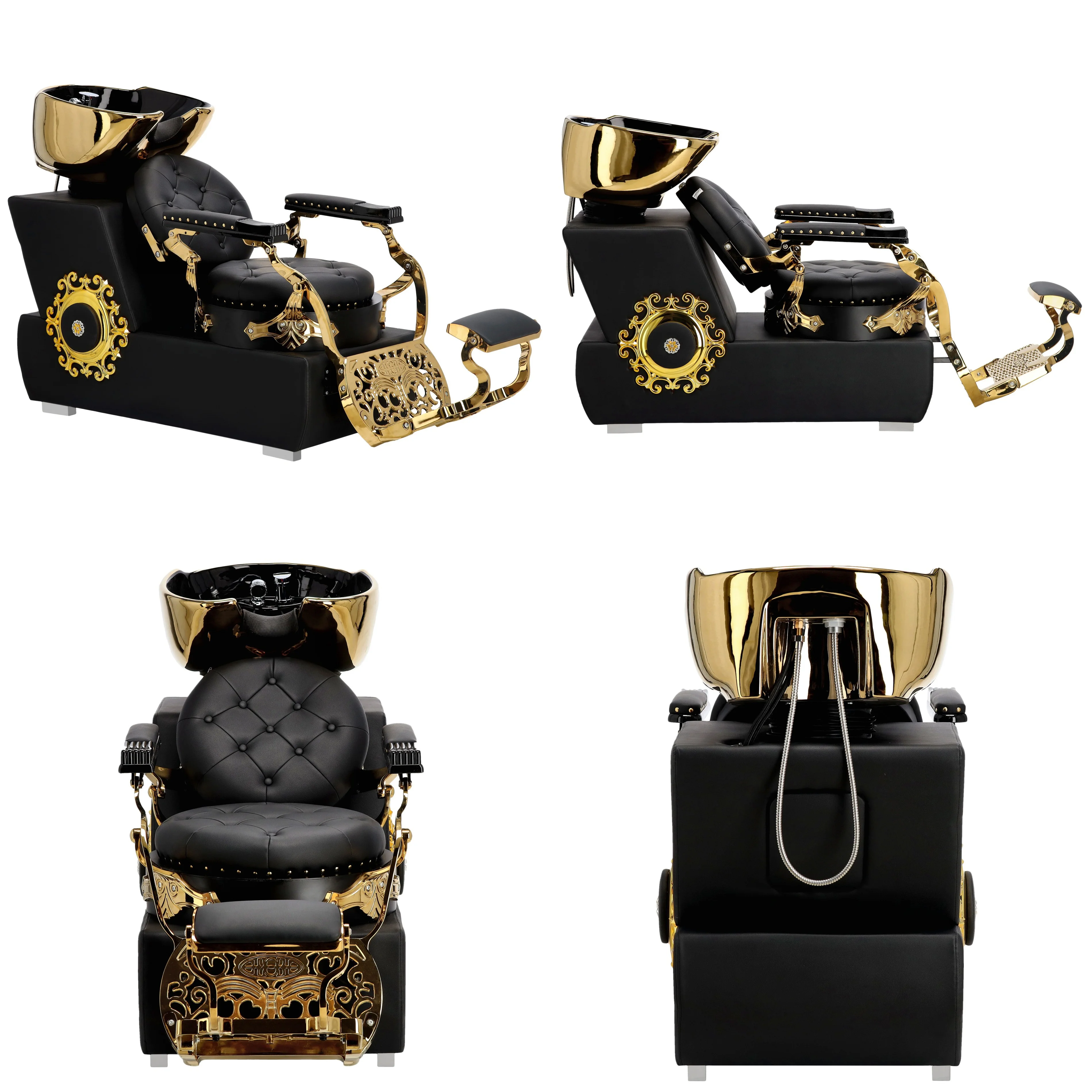 Luxury European Black Gold Shampoo Backwash Unit Salon Shampoo Chair With Ceramic Basin