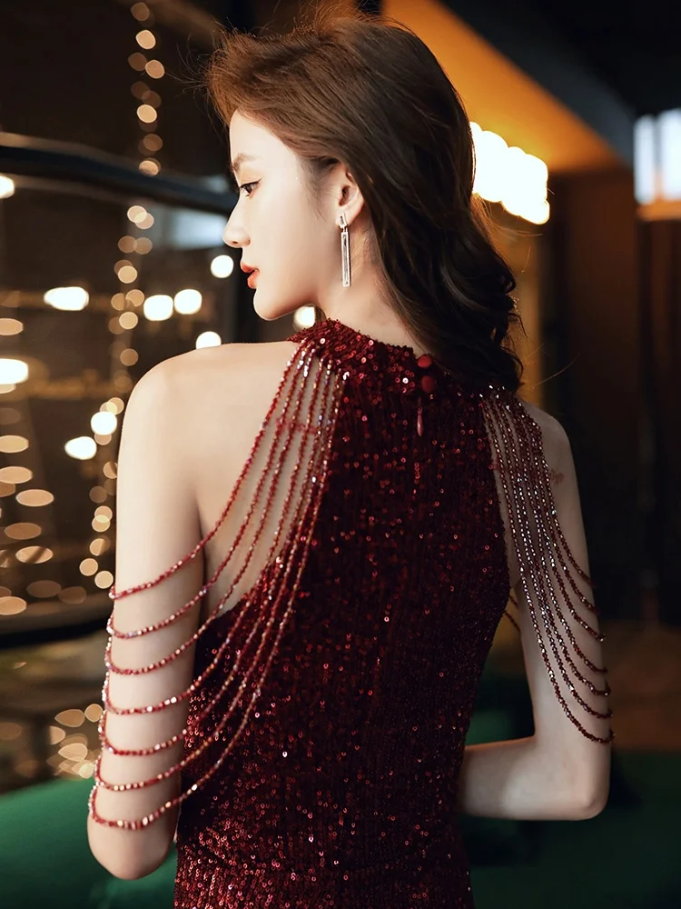 

Red Wine Color Evening Gown Women's High-End Ele Beautiful Lightweight Luxury Tail Fi Tail Skirt Wedding Performance