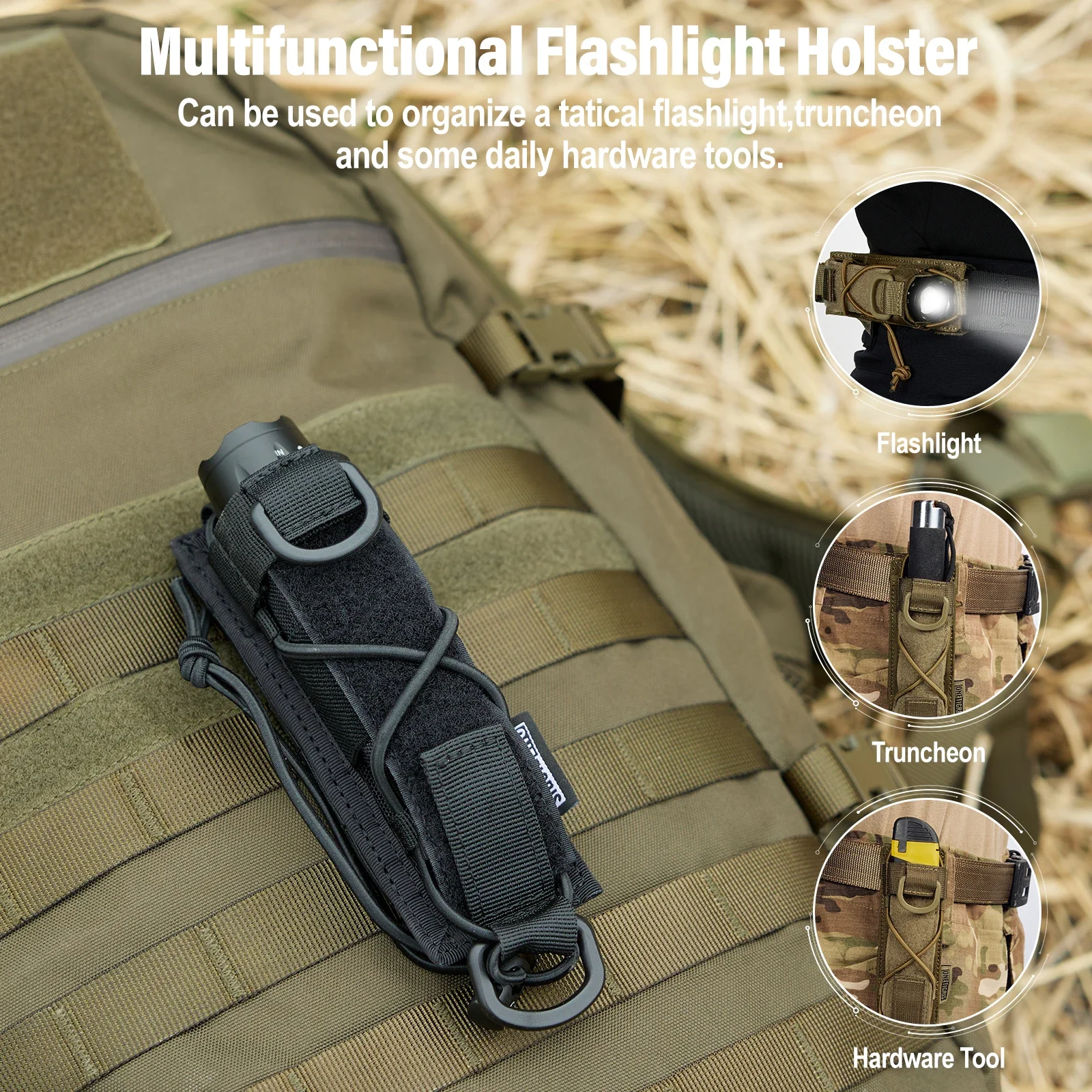 Onetigris coldre tático para lanterna molle, suporte para tocha, cinto, bolsa de ferramentas utilitárias de topo aberto para caminhadas ao ar livre, acampamento