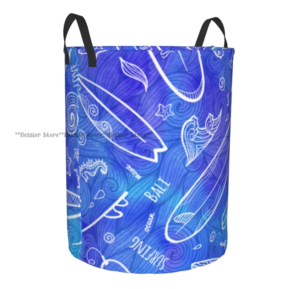 Blue Watercolor Doodle Surfing Boards Pattern Laundry Basket Folding Dirty Clothes Toys Storage Bucket Household