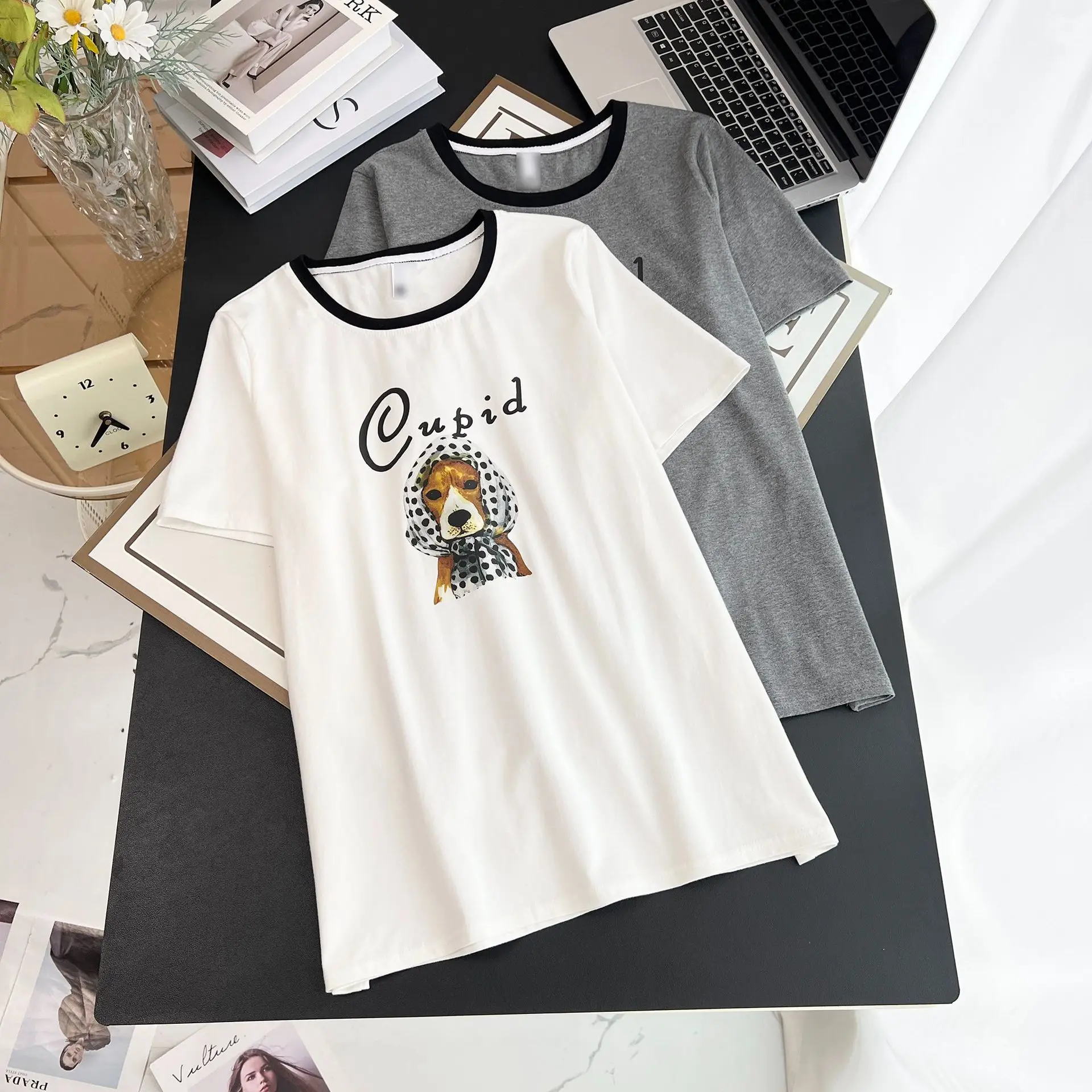 حجم كبير حجم كبير الصيف عادية طباعة قصيرة الأكمام تي شيرت المرأة موضة جولة الرقبة قطنية عالية الجودة للنساء حجم كبير XXL XX... #3