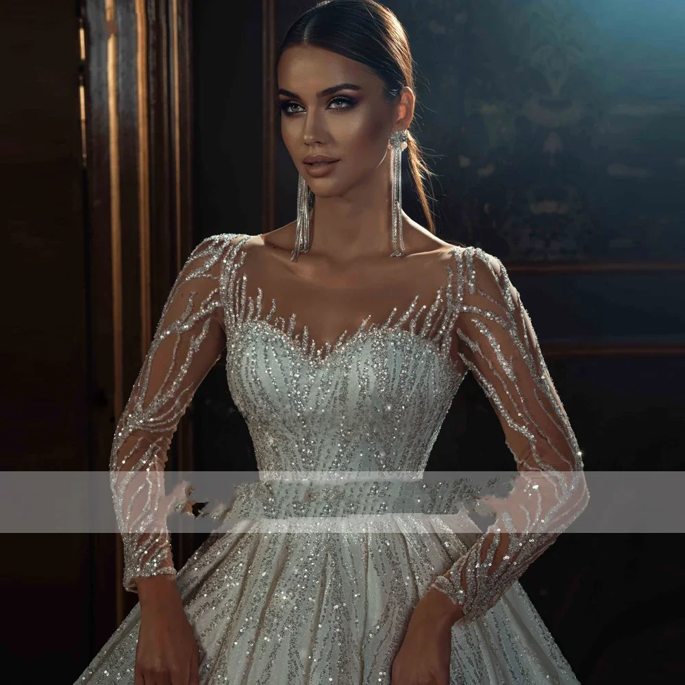 Flavinke مخصص ستة رقبة سكوب خط لامعة مطرزة فساتين زفاف كم كامل الأميرة مطرز فستان الزفاف ذيل شابيل