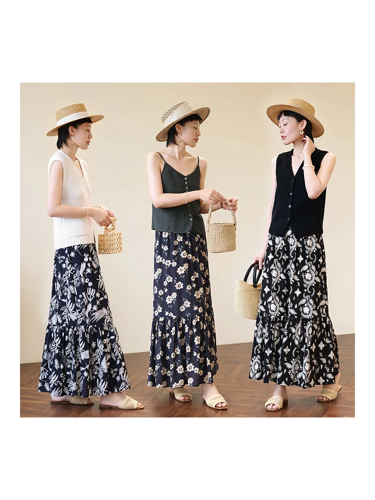 

Ele High Waist Silk A-Line Skirt Floral Print Gauze Skirt Lightweight Floa 8 Momme Silk f Body Skirt