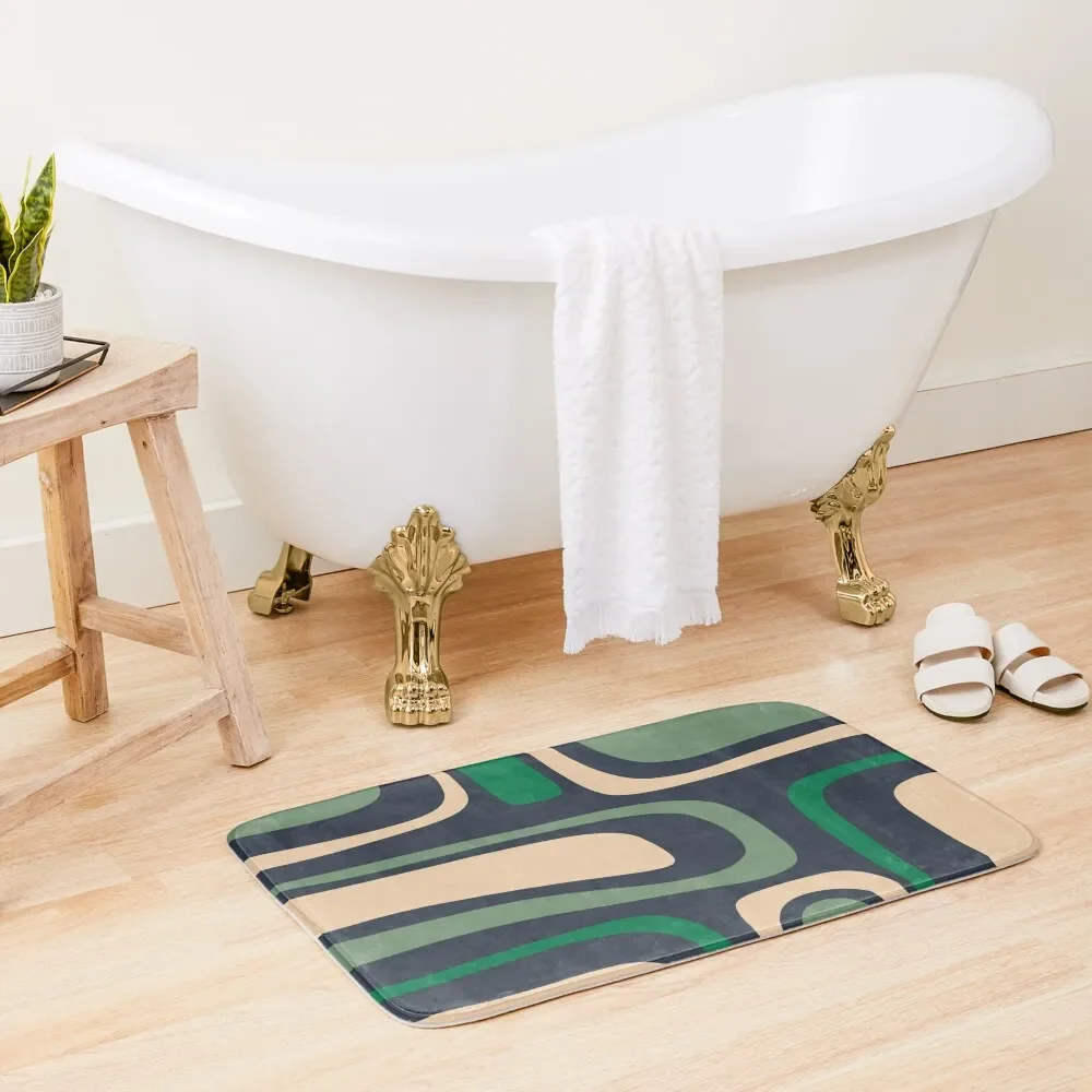 

Palm Springs Retro Mid Century Modern Abstract Pattern Dark Blue, Green, and Beige Bath Mat Toilet Rug Mat