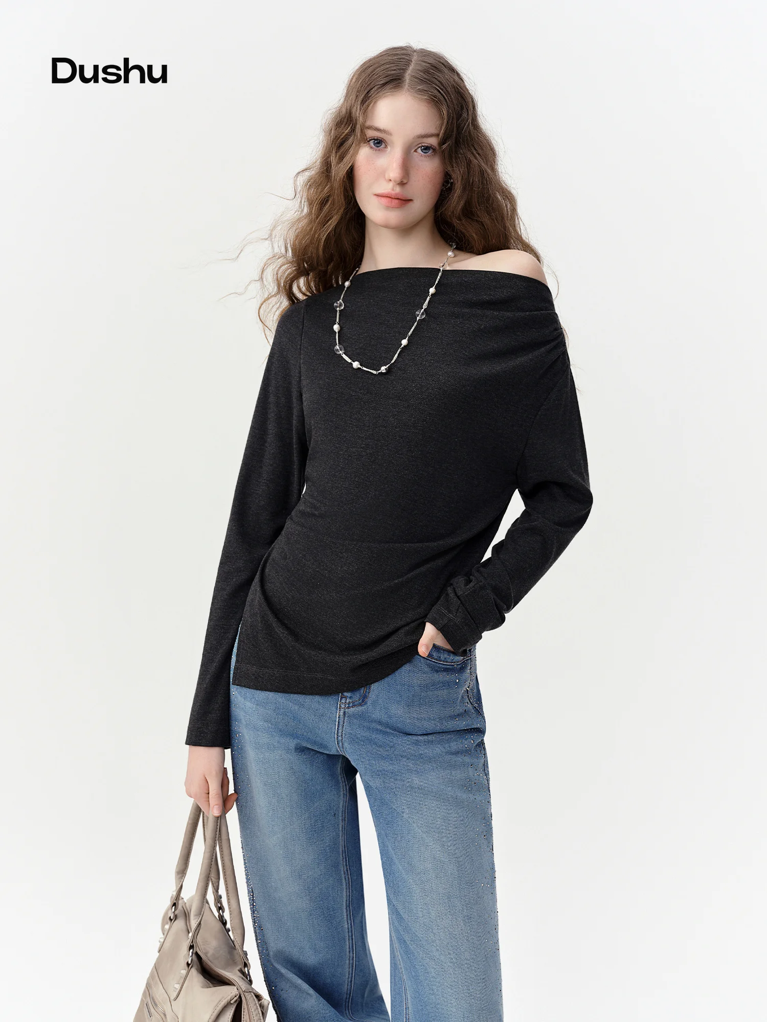 DUSHU Women Off Shoulder Drape Cowl Neck Long Sleeve T-Shirt Commute Minimalist Ruched Slim Draped Elegant Casual Fashion Tee