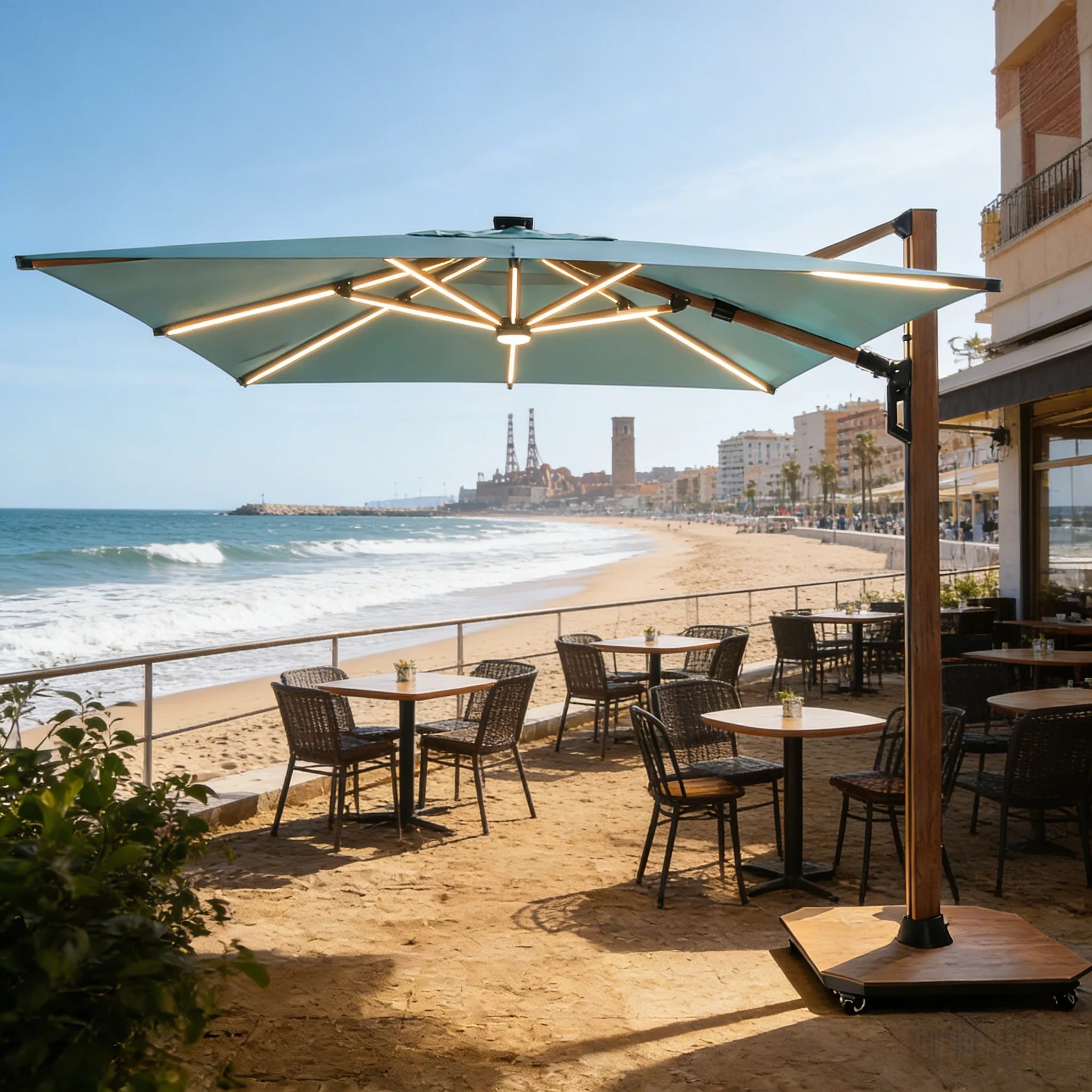 Large Aluminum Cantilever Garden Umbrella Inward Push Patio Parasol with Powder Coating and Solar Powered LED Lights