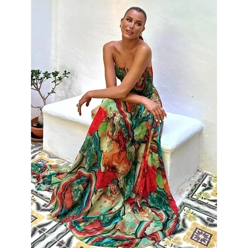 Pleated Waist Strapless Dress Women's New Printed Colorful Long Gown Elegant Fashionable Summer Vacation Party Robe 2026 - view 5