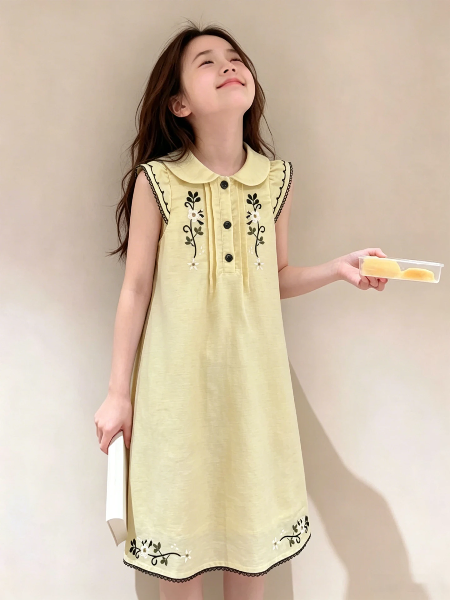 sweet-cute-yellow-doll-collar-vest-dress-girls-children's-summer-clothes-new-style-2026-mid-length-casual-dress-for-girls
