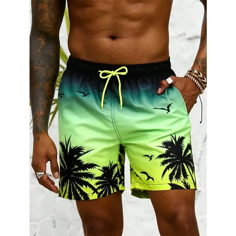 3D printed men's beach pants, palm pattern shorts, summer Hawaiian breathable swimming trunks, loose ice silk shortsJVov
