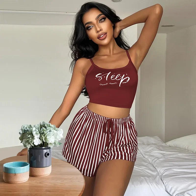 Top Fashion Women Home Clothing Suspended Pajamas with Drawstring Shorts Set Home Wear Letter Stripe Printed Nightgown Sleepwear