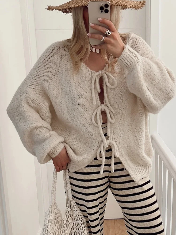 

Fall round Ne Knitted Cardigan Women's Simple Color Commute Long Sve Coat with Belt Casual Loose Fit Cool Sensation