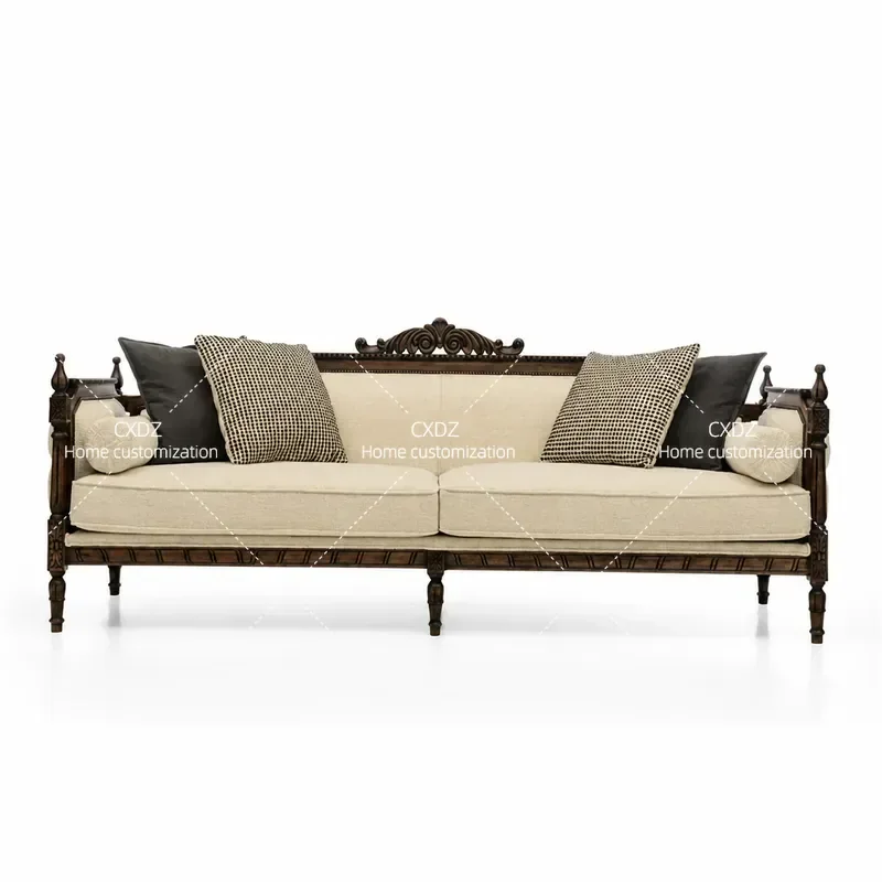 Rural Solid Wood Retro Carved Living Room Sofa Set New Chinese Style High End Fabric Sofa Double and Three Seater Combination