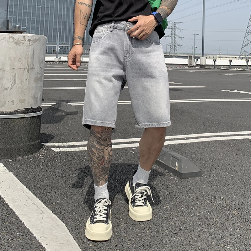 

9368 Sky grey senior washed jeans shorts men's tide brand sense straight loose casual five trousers