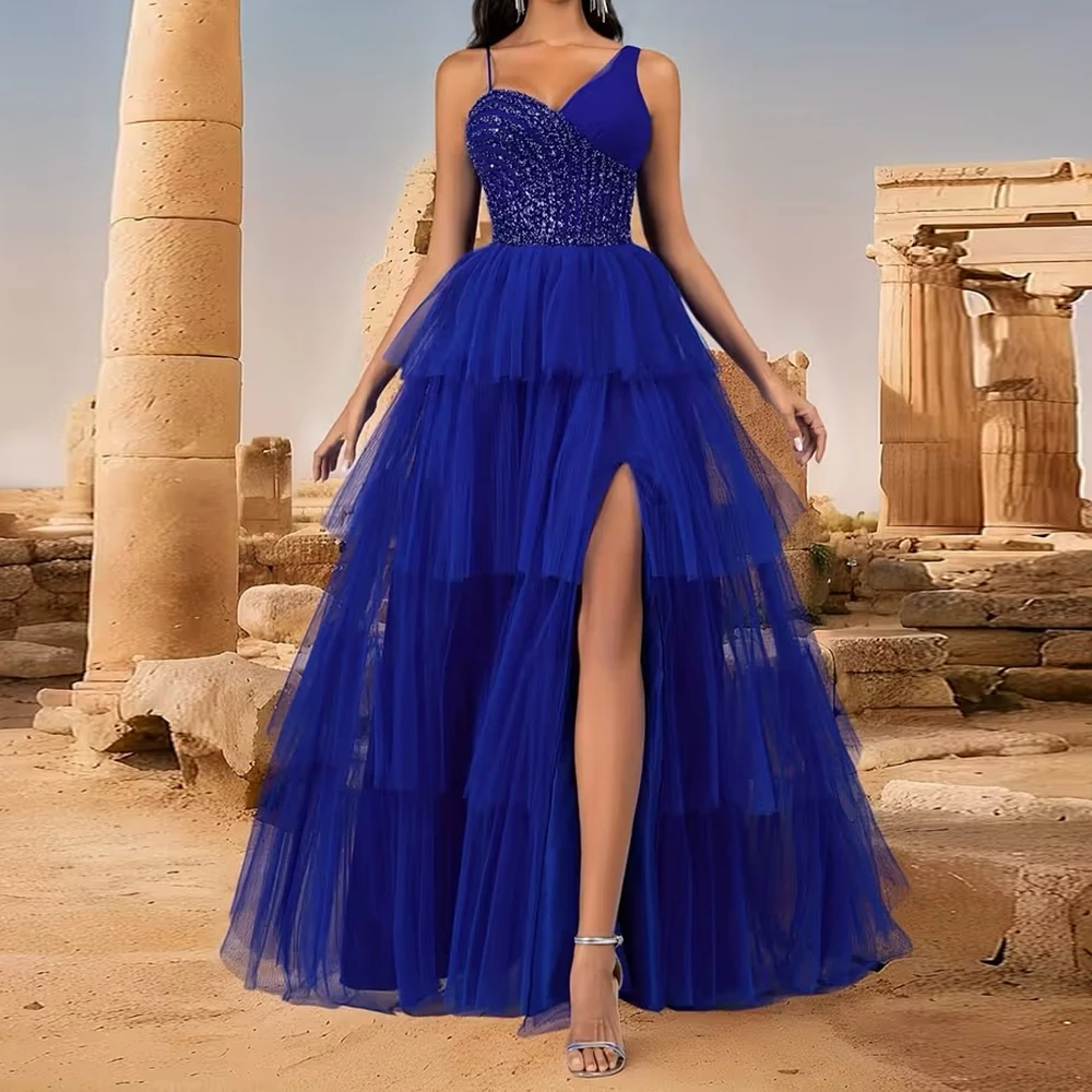 

Customized A-line Evening Dresses Floor-length V-neck Sleeveless Prom Gown Simple Fashion Sequined Draped Backless Party Gown