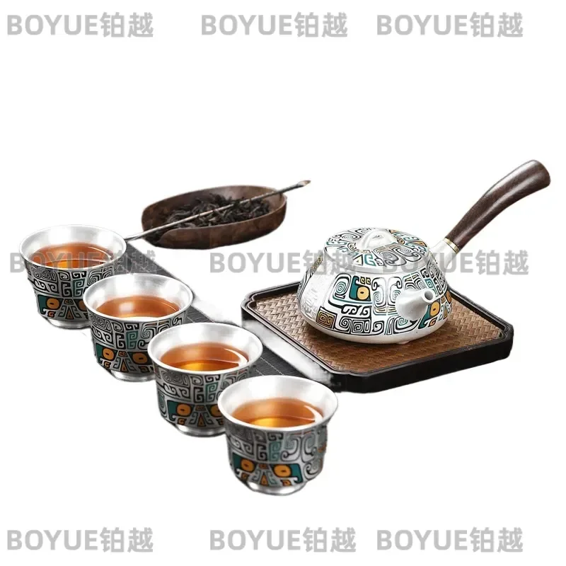 Sterling Silver Teapot with 4 Cups Ceramic Kung Fu Tea Set Portable Travel Office Gluttonous Pattern Gift