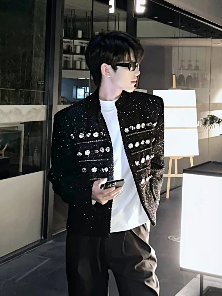 Mens Fashion Loose Fit Jacket Outerwear Stand Collar Sequined Personality Designer Long Sleeve Autumn Single Breasted Short Coat
