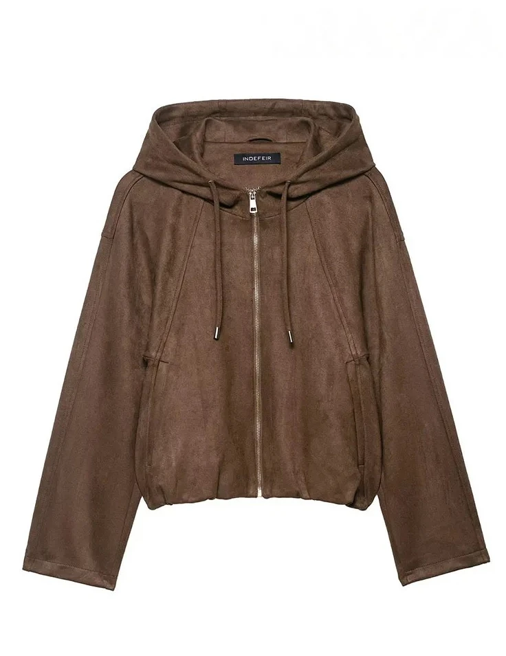 

Женская куртка в уличном стиле с капюшоном на молнии, однотонная повседневная куртка с длинными рукавами и карманами, тонкое короткое пальто