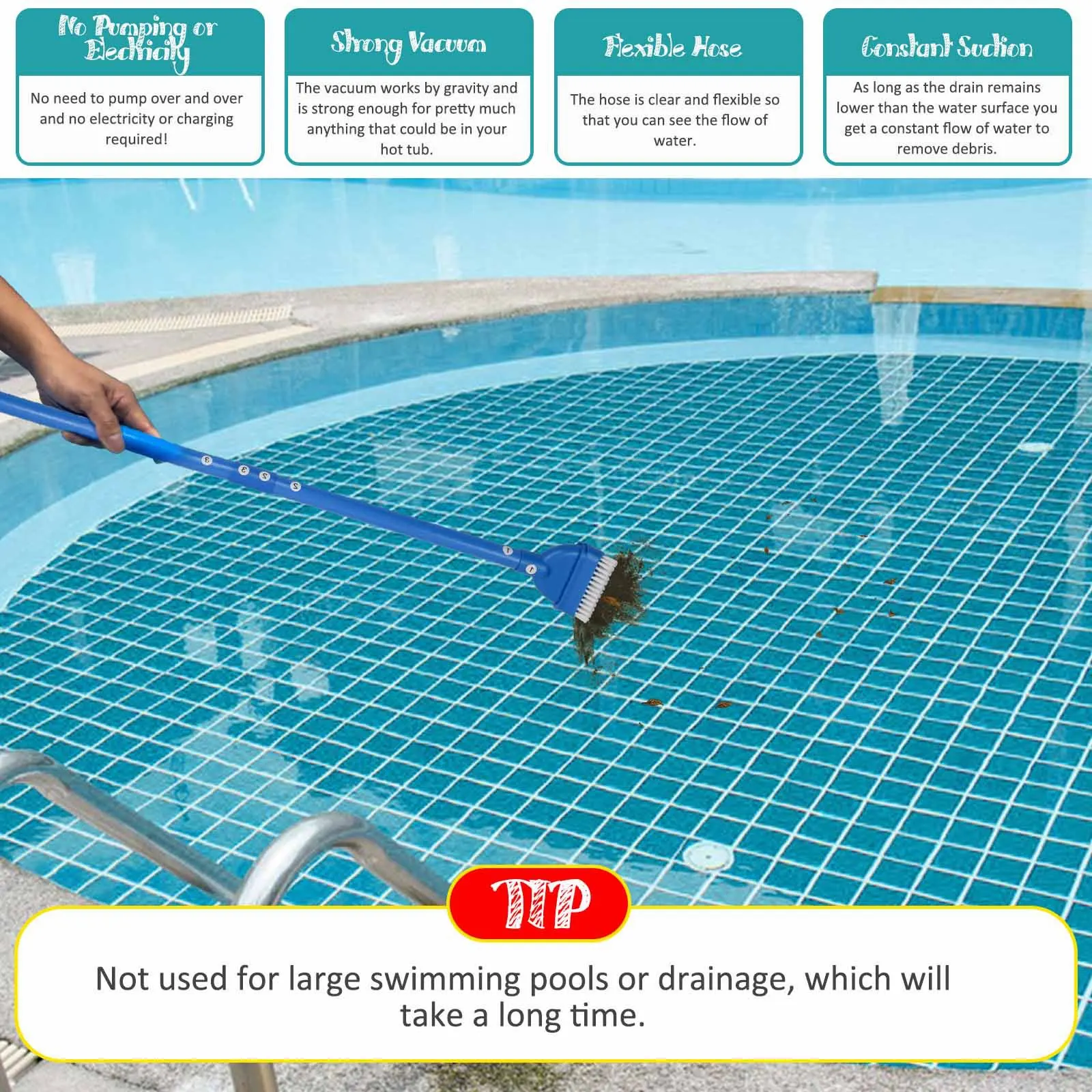 Portable Debris Remover Manual Spa Vacuum Lightweight Plastic Body Flexible Clear Hose Flat Scrubbing Brush Head