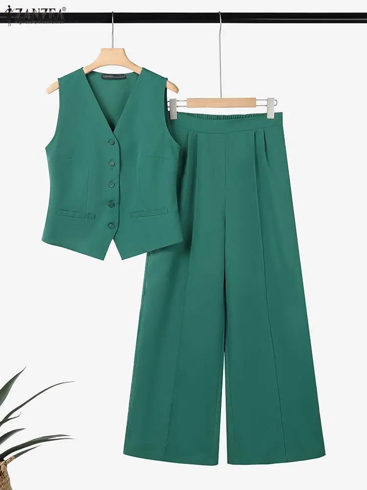 ZANZEA Büro Damen 2-teiliges Set 2025, Sommer-Outfits, eleganter V-Ausschnitt, ärmellose Westen, Tops, Hosen, Anzüge, modischer Arbeits-Trainingsanzug